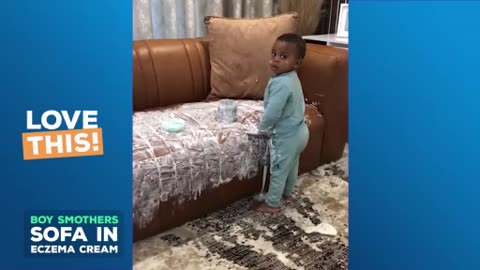 Kid cover all sofa with skin cream funny video