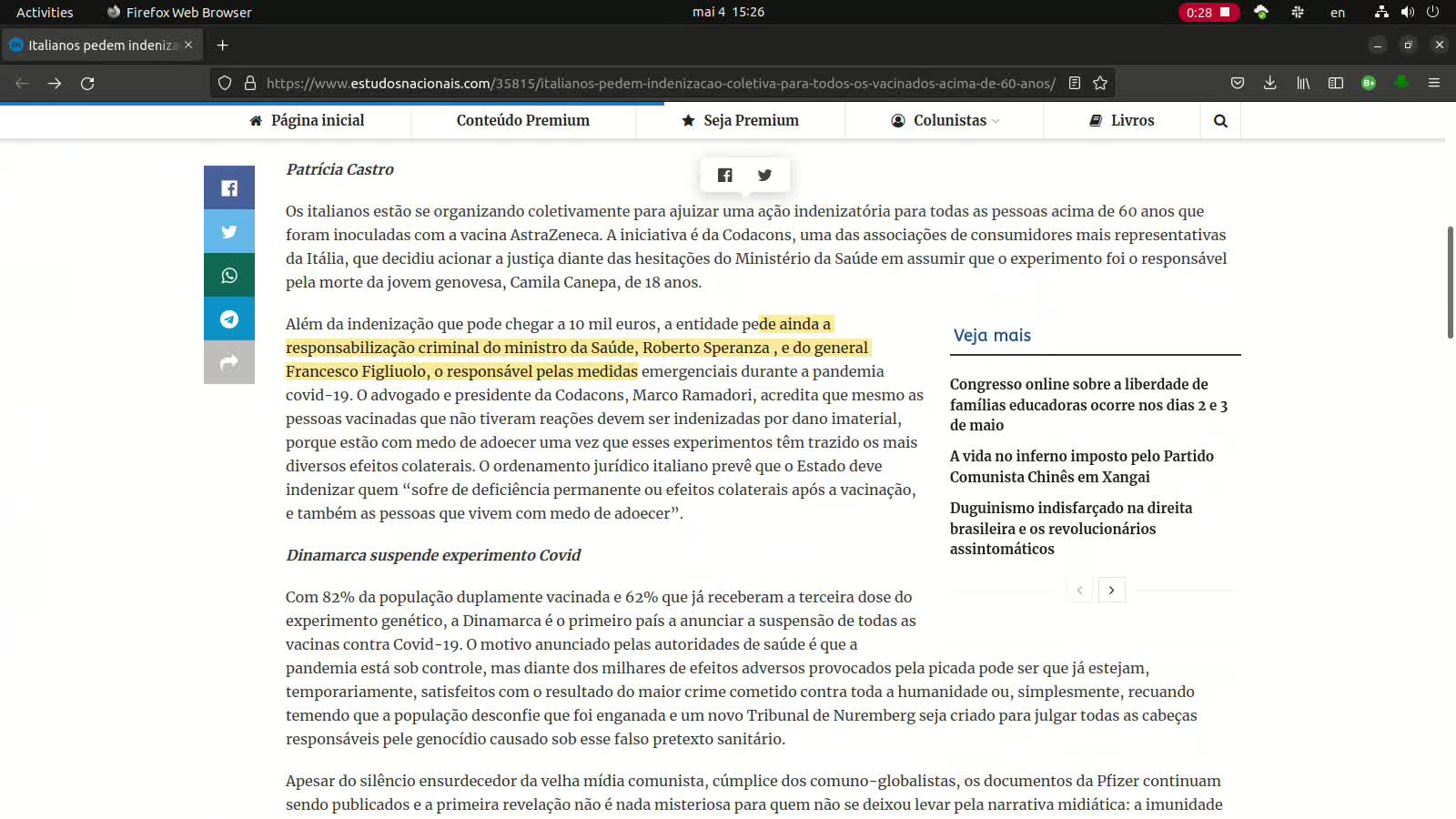 Italianos pedem indenização coletiva para todos os vacinados acima de 60 anos