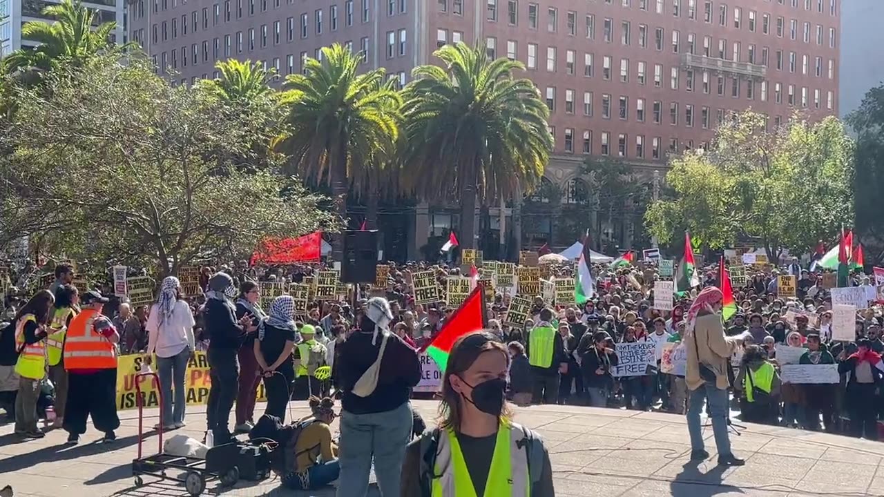 Thousands of pro-Palestinian protesters at the Ferry Building in San Francisco