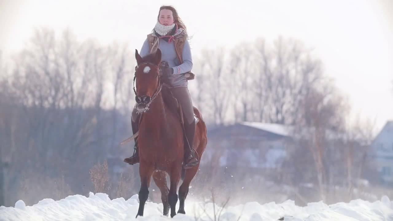 Longhaired female rider wild and fast riding black horse through the snow, slow-motion