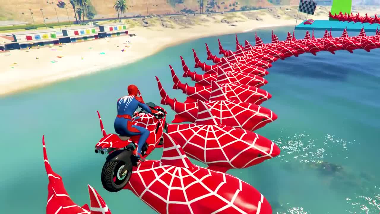 GTA V New Epic Parkour Race For Car Racing Challenge by Cars and Motorcycle, Founded Spider Shark5