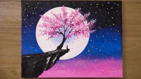 Cherry Blossom under Moonlight / Acrylic Painting Technique