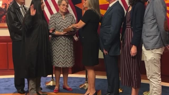 Katie Hobbs laughing during her swearing in.
