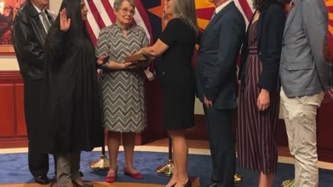 Katie Hobbs laughing during her swearing in.