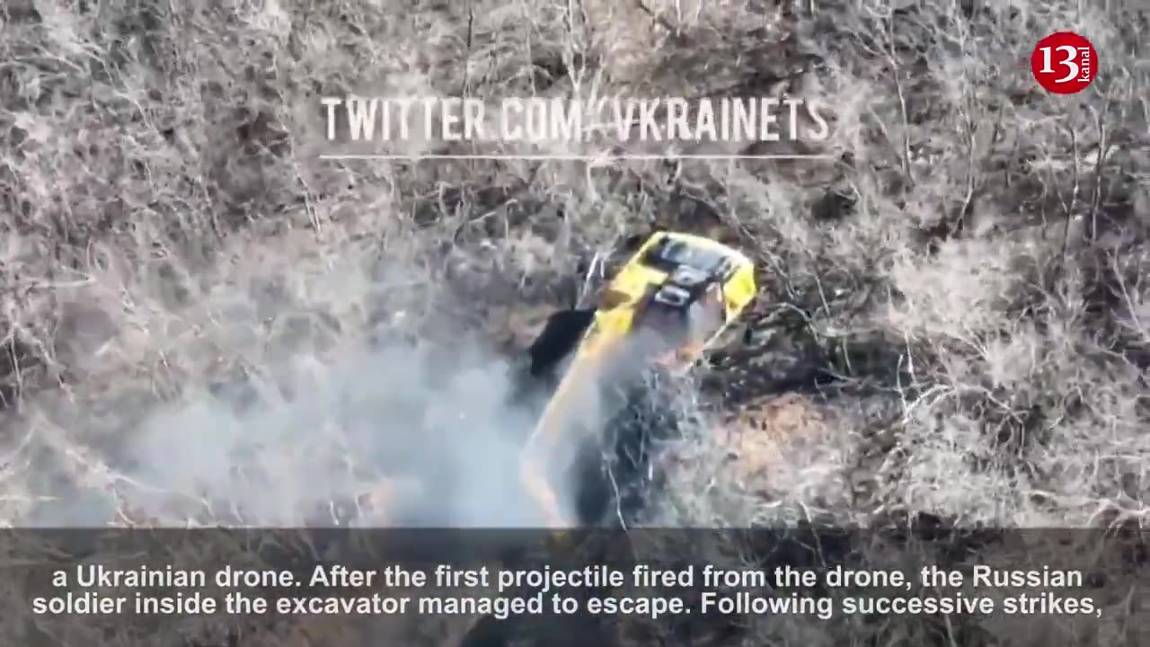 Ukrainian drone targets Russians digging a trench with an excavator