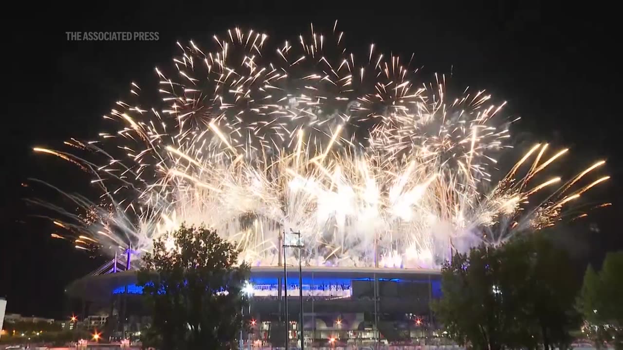 Fireworks mark the end of the closing ceremony of the Paris Olympics