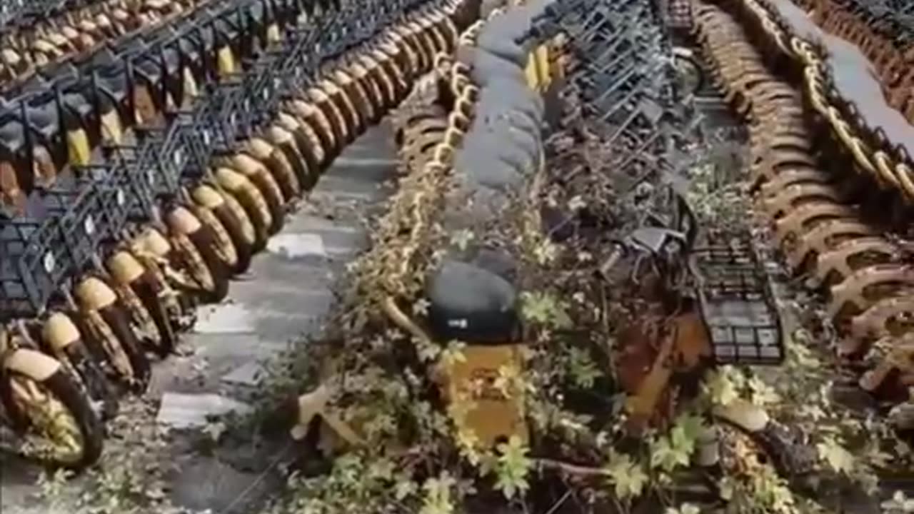 A graveyard of electric green scooters that have run out of battery life...