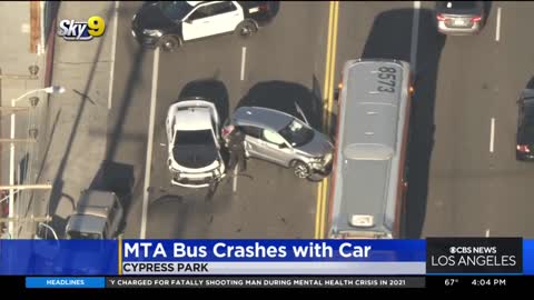 1 hospitalized after MTA bus crashes with car in Cypress Park