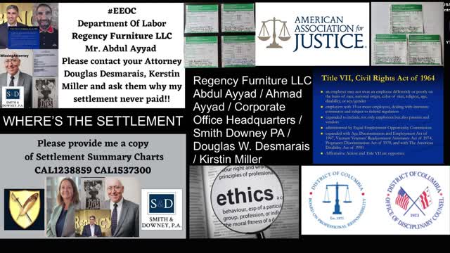 Regency Furnitiure LLC / Abdul Ayyad / Ahmad Ayyad / Regency Furniture Inc Corporate Office Headquarters / Settlement Not Paid / Smith Downey PA / DLLR / BBB/ EEOC / Supreme Court / Global News Online / Manila Bulletin / Tully Rinckey PLLC