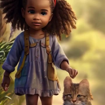 a photorealistic cute african girl age 10 years with sweet cat, walking at the nature