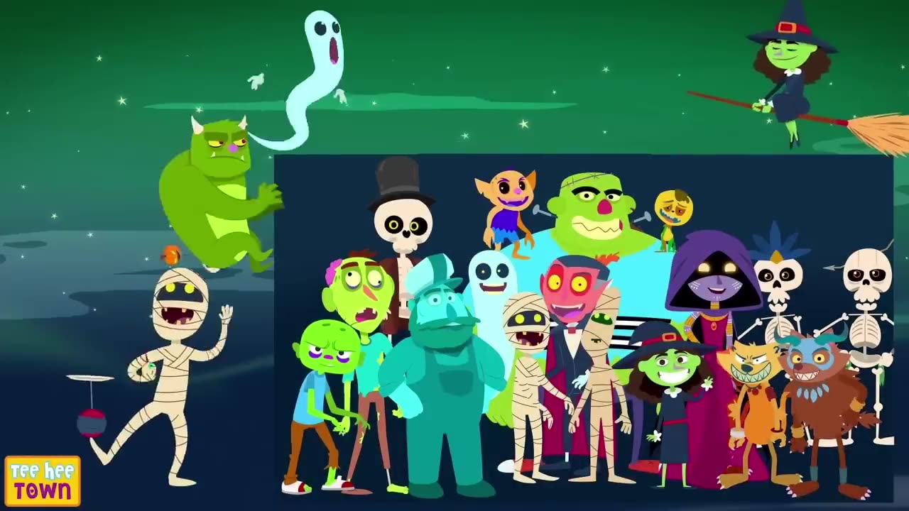 Skeleton Wheels On The Bus Dance + Halloween Rhymes For Kids | Teehee Town