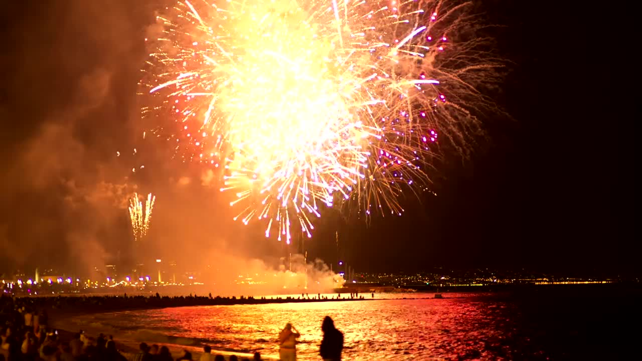 The beach's sky is illuminated with fireworks