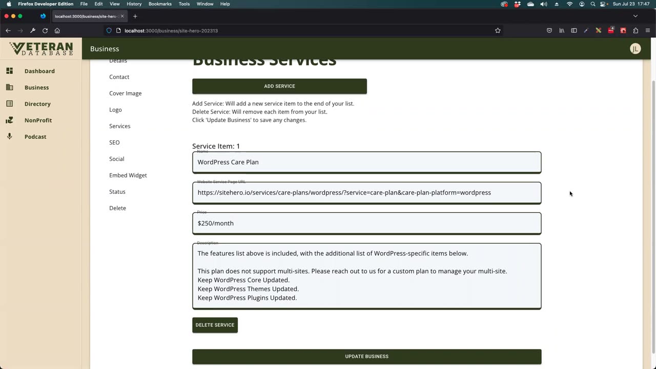 VeteranDB Portal Release Notes v0.9.0 - Business Services