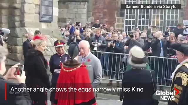 23_Eggs thrown at King Charles during visit to York; protester detained by police