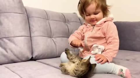 Cute Baby meets New Baby kitten for the first time