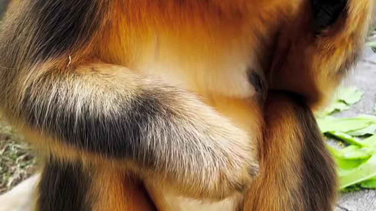 A cute monkey is eating an orange.