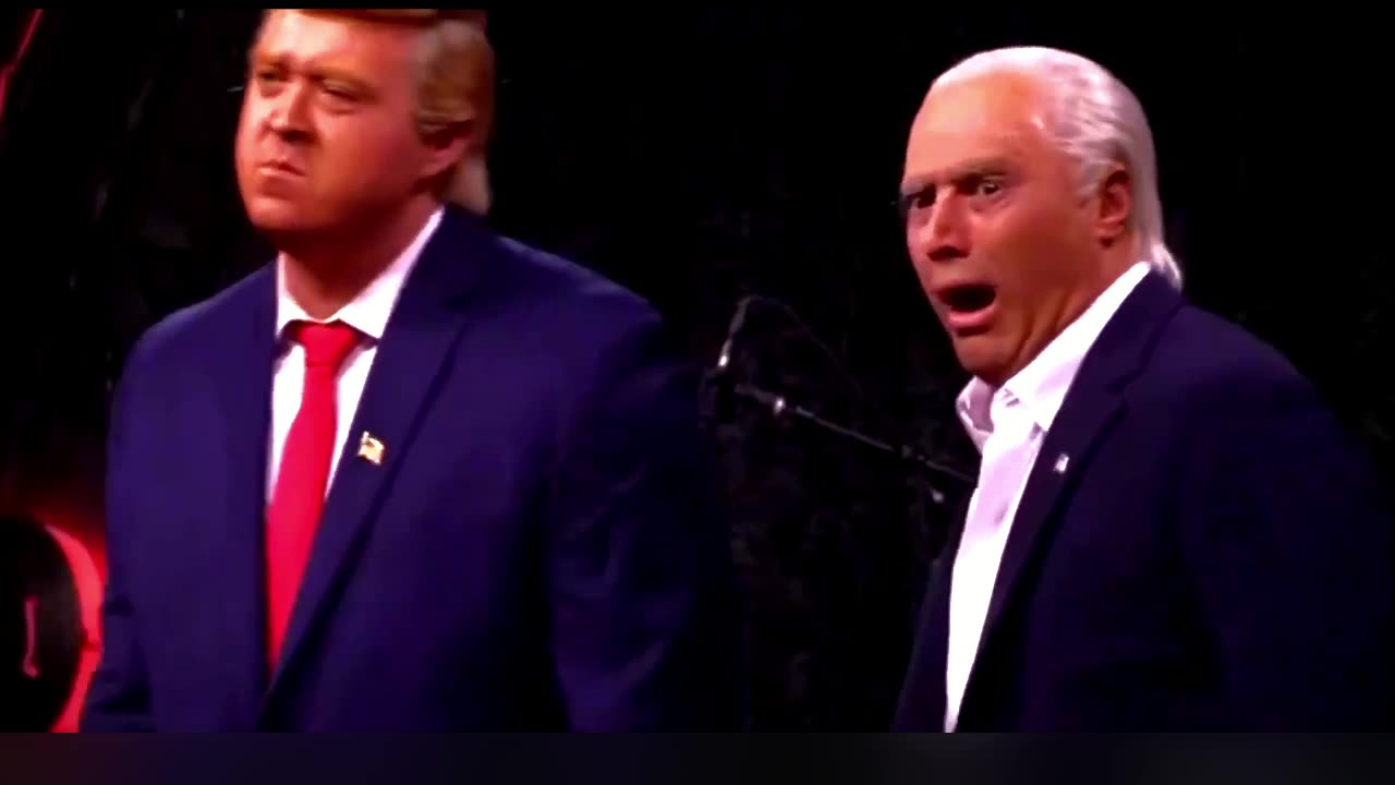 Shane Gillis as Donald Trump and Adam Ray as Joe Biden appear on Tony Hinchcliffe’s comedy show.