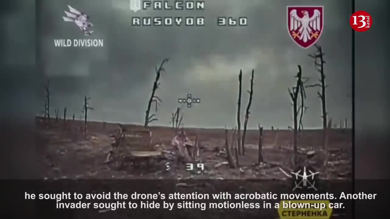 Footage of a Russian soldier trying to avoid drone’s attention with acrobatic movements