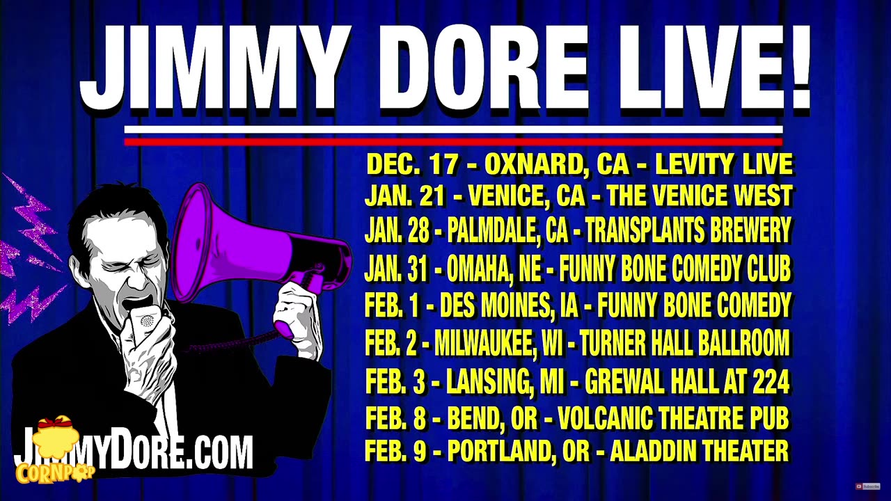 Upcoming Jimmy Dore dates Dec17, Jan21, Jan,28, Jan31, Feb1, Feb2, Feb3, Feb8, Feb9, 2023/2024