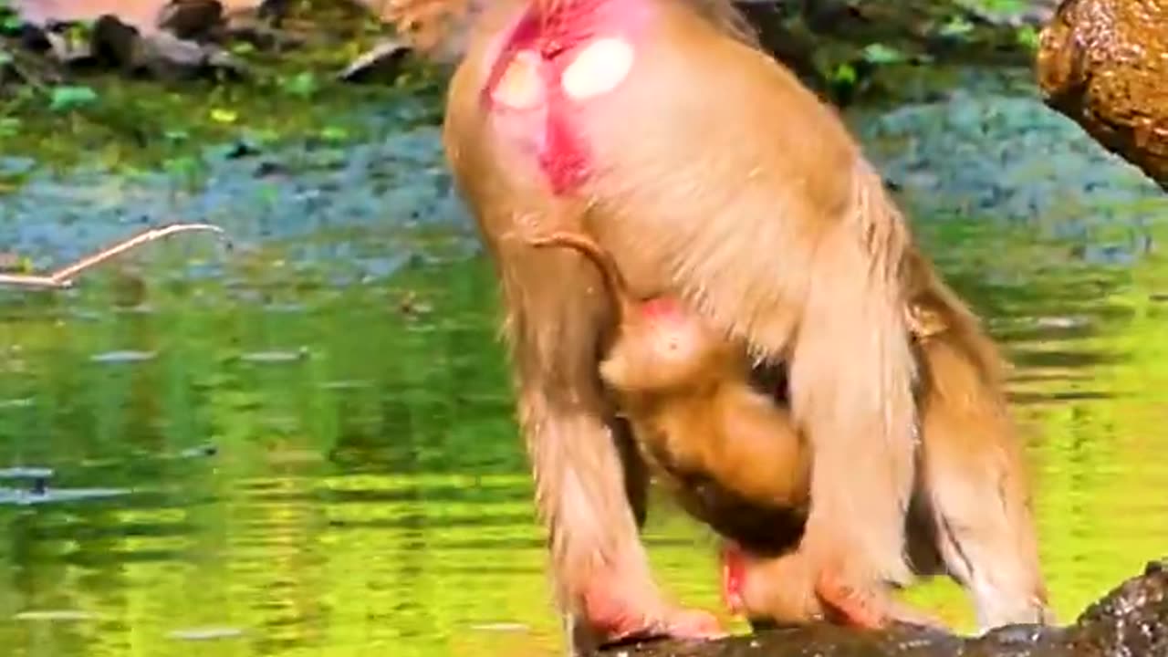 Mommy and baby monkey swimming pool 🤩