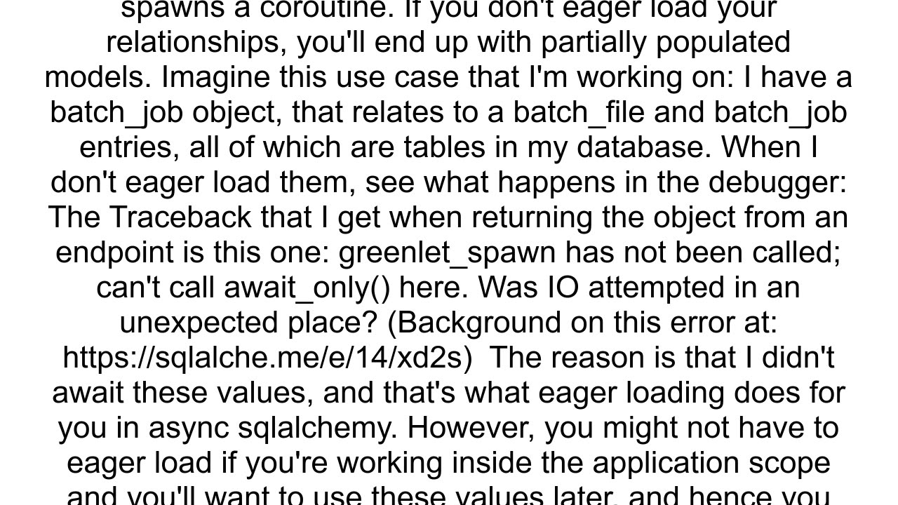 Async SQLalchemy accessing eagerlyloaded empty relationship triggers new lazyload raising error