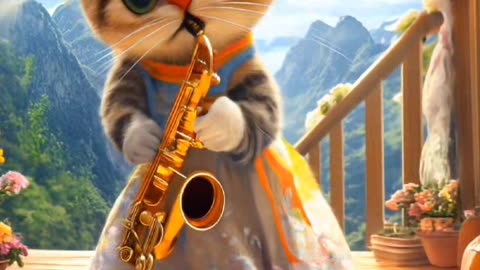 Cat Playing Saxophone in the Mountains, Filled with Love for Music