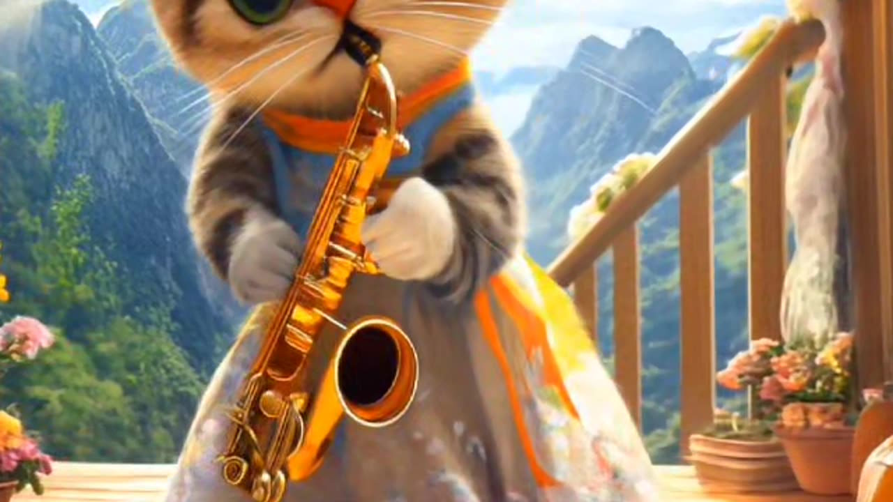 Cat Playing Saxophone in the Mountains, Filled with Love for Music