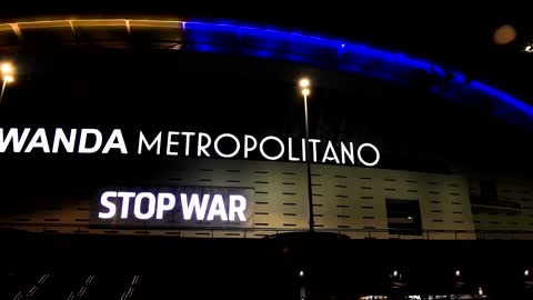 Atletico Madrid's stadium lights up in Ukrainian flag