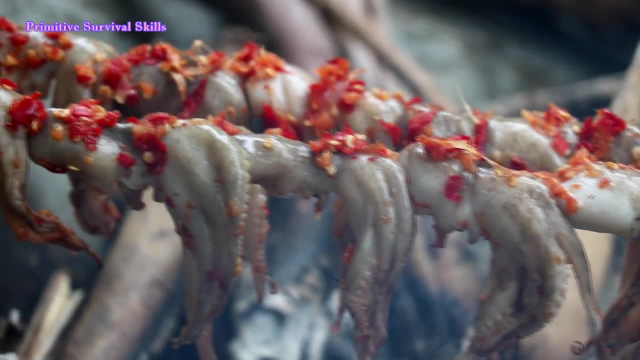 Cooking Octopus recipe for food eating delicious, Primitive survival skills