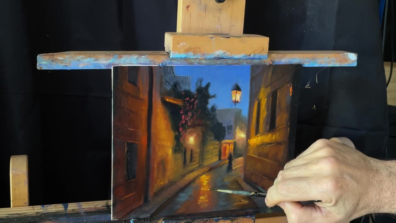 Painting a night scene in an old medieval city