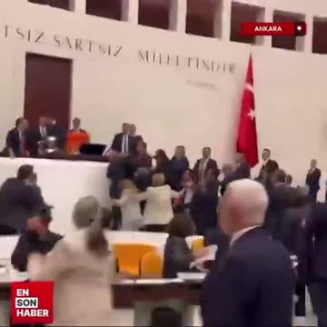 Fist fight in the Turkish Parliament today between MPs of Erdogans party and Kurdish MPs.mp4