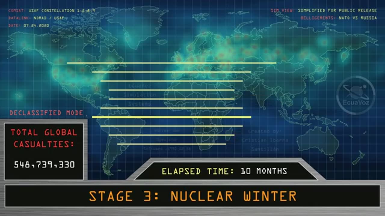 Animazione della simulazione di conflitto nucleare fatta dalla CIA nel 2022