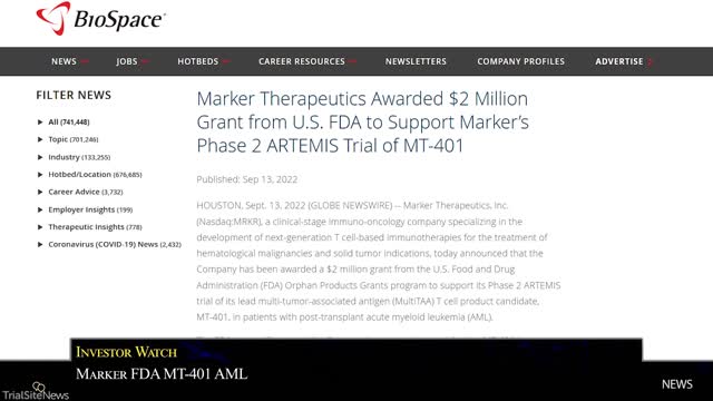 Marker Therapeutics just secured a 2 million dollar grant from the government.