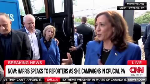 Kamala Harris speaks to reporters as she campaigns in crucial PA