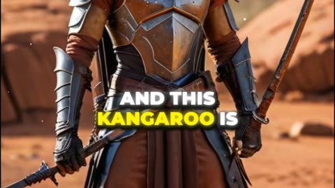 #Australia 🇭🇲 kangaroo, wearing simple leather armor, set against the rugged Australian outback