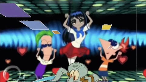 Squidward Is Playing With Tiles While Phineas And Ferb Dance With A Anime Girl 🕺