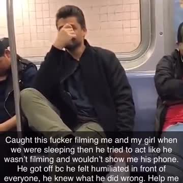 Man films guy and his girlfriend sleeping on subway train and tries to pretend he didn't