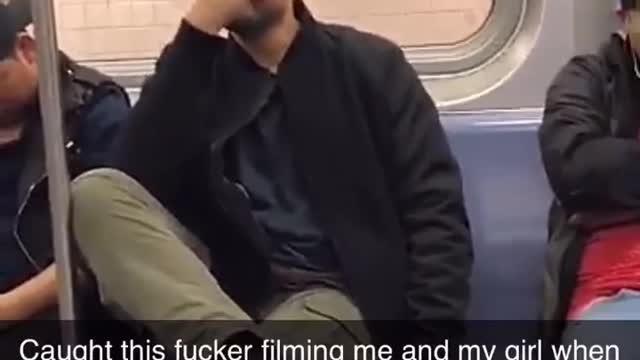 Man films guy and his girlfriend sleeping on subway train and tries to pretend he didn't