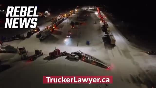 Aerial view of border blockade by Coutts truckers
