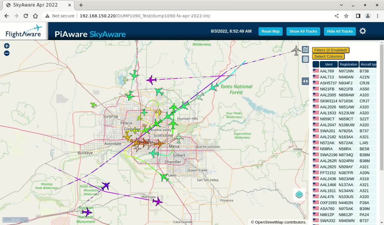 August 2nd - 3rd 2022 - time lapsed piaware for Phoenix AZ