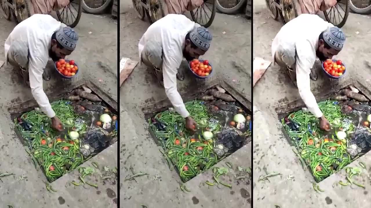 Vegetable seller caught washing veggies in sewer water