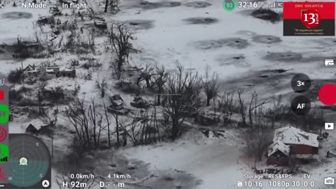 A large convoy of Russian equipment attacking the city of Kupyansk in a snowy area was surrounded