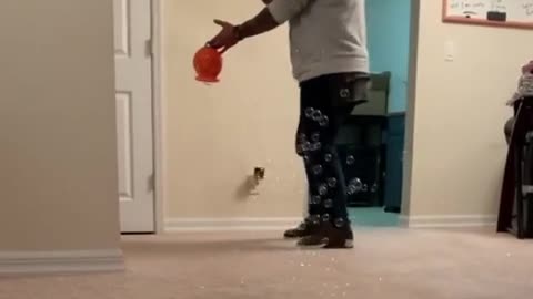 Bulldog puppy gets super excited when it rains down bubbles