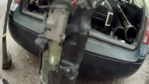 A car with Albanian license plates full of western weapons from Ukraine, indicating arms trafficking