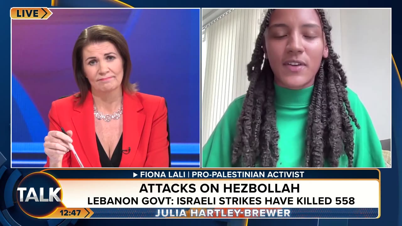 Julia Hartley-Brewer's bigotted arrogance interviewing Palestian activist Fiona Lali