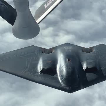 U.S. Air Force B-2 Spirit links up with a KC-135 Stratotanker