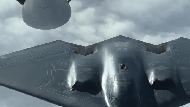 U.S. Air Force B-2 Spirit links up with a KC-135 Stratotanker