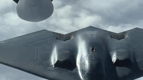 U.S. Air Force B-2 Spirit links up with a KC-135 Stratotanker