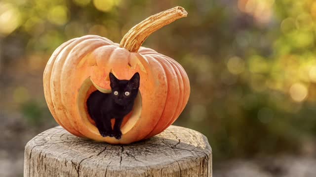 Black kitten has already prepared his pumpkin! Is there a long way to go for Halloween?