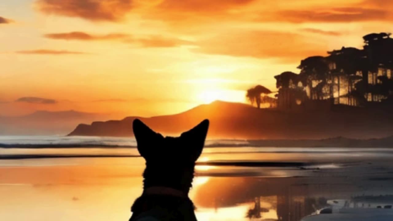 cute puppy with the sunset coast